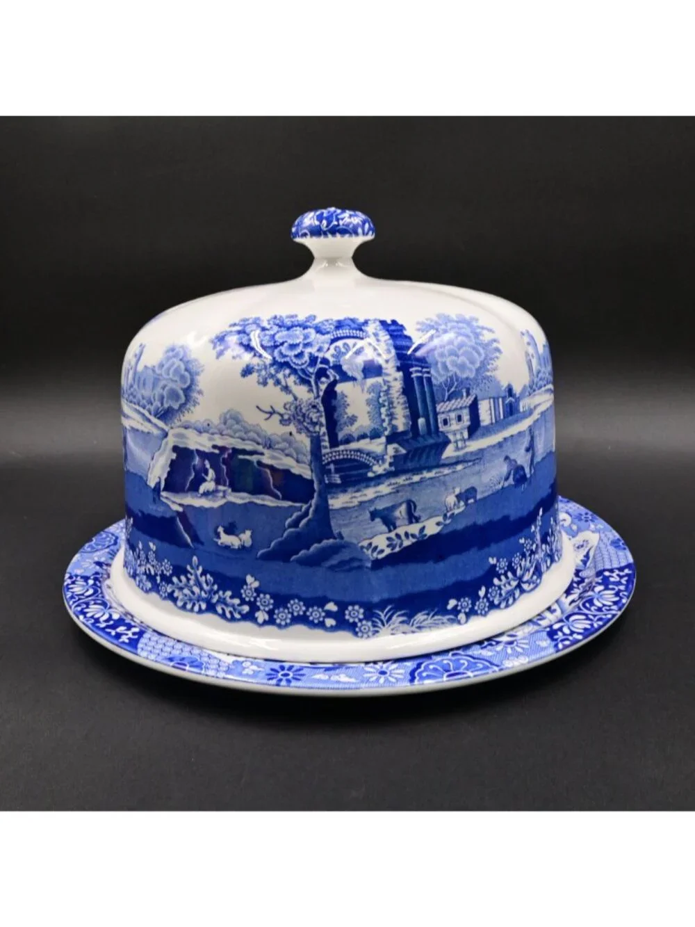 Spode Blue Italian Cake Pastry Dome Plate Set Cake Serving Dish Porcelain 11